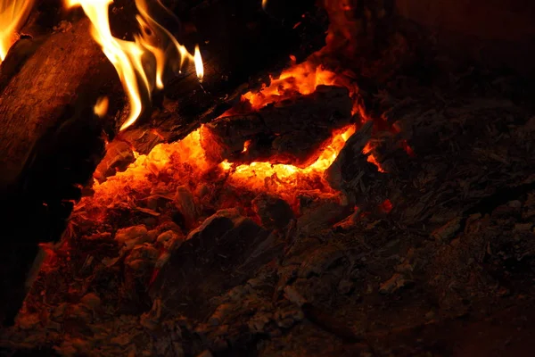 fire in fireplace/ brick fireplace with burning firewood in it