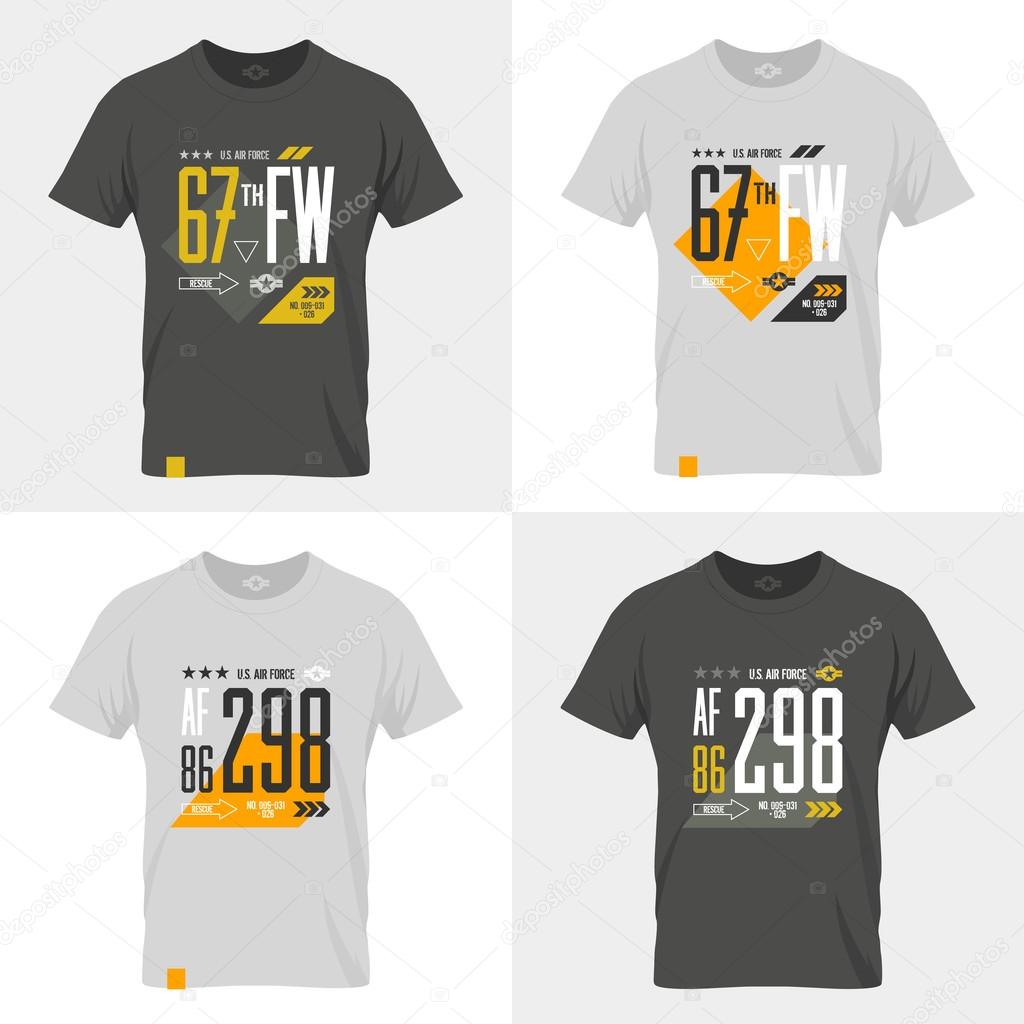 Modern American air force tee print vector design set. Premium quality superior number logo concept badge. T-shirt United States aircraft emblem.