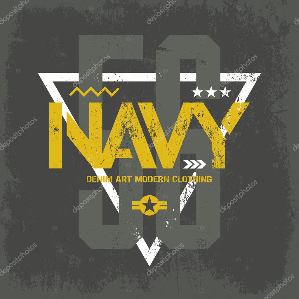Modern american navy grunge effect tee print vector design isolated on dark background. Premium quality superior military shabby number logo concept. Threadbare warlike label on khaki t-shirt.