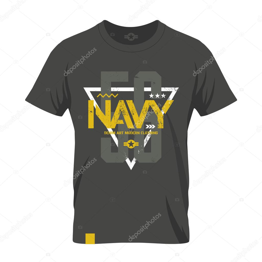 Modern american navy grunge effect tee print vector design illustration. Premium quality superior military shabby number logo concept. Threadbare warlike khaki t-shirt mock up.