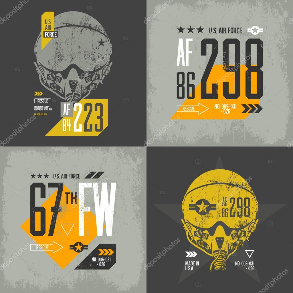 Modern american air force old grunge effect tee print vector design set. Premium quality superior threadbare pilot helmet and number logo concept. Shabby t-shirt aircraft emblem illustration