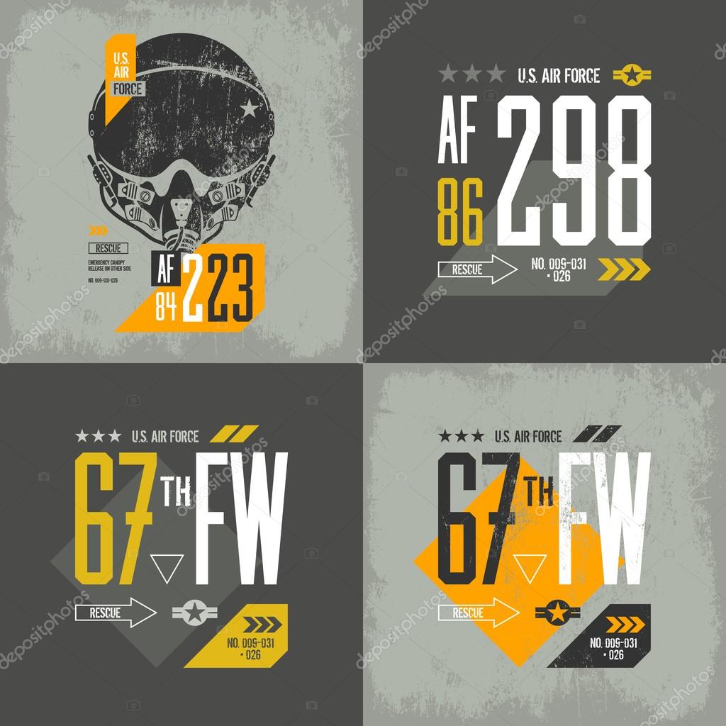Modern american air force old grunge effect tee print vector design set. Premium quality superior threadbare pilot helmet and number logo concept. Shabby t-shirt aircraft emblem illustration.