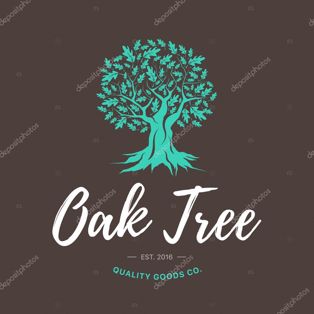 Oak tree handmade shabby logo design concept on brown background. Web graphics modern vector sign. Vintage quality goods co. illustration.