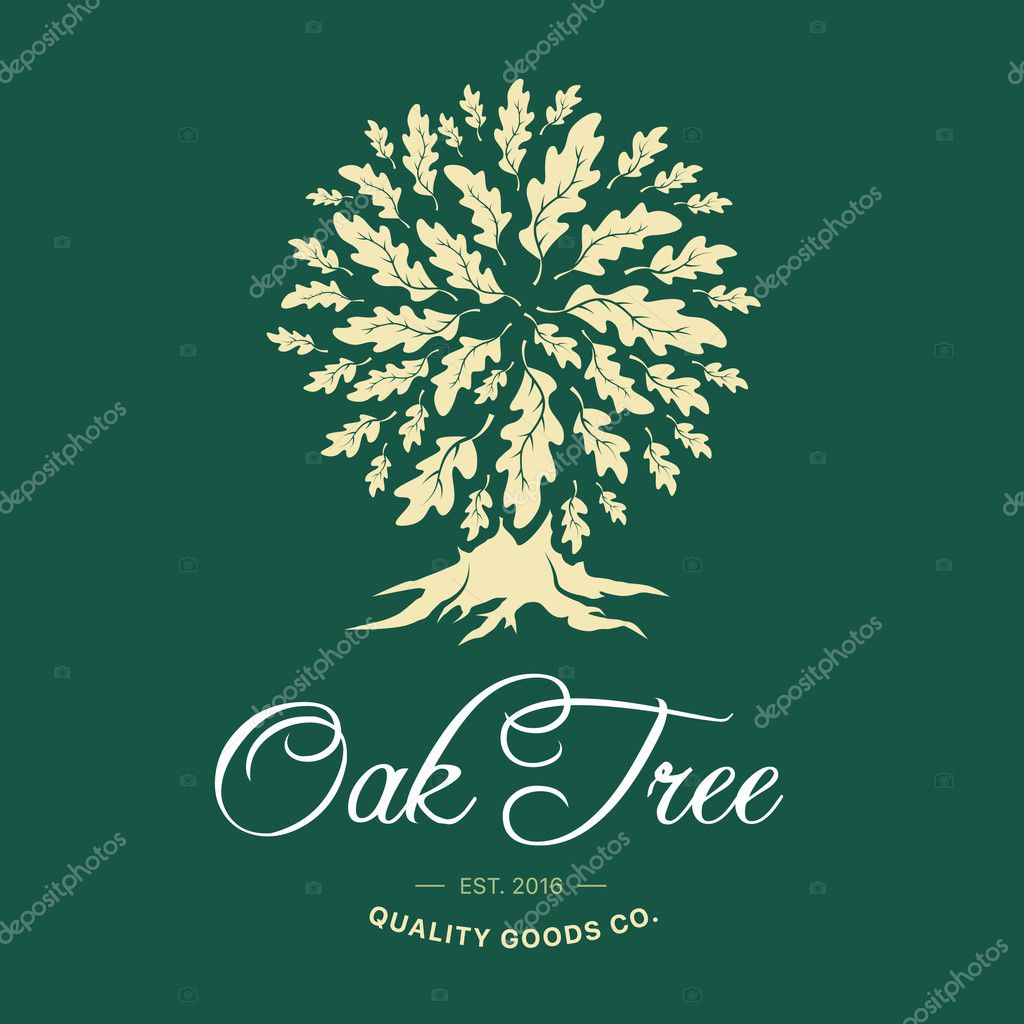 Oak tree handmade shabby logo design concept on green background. Web graphics modern vector sign. Vintage quality organic goods co. illustration.