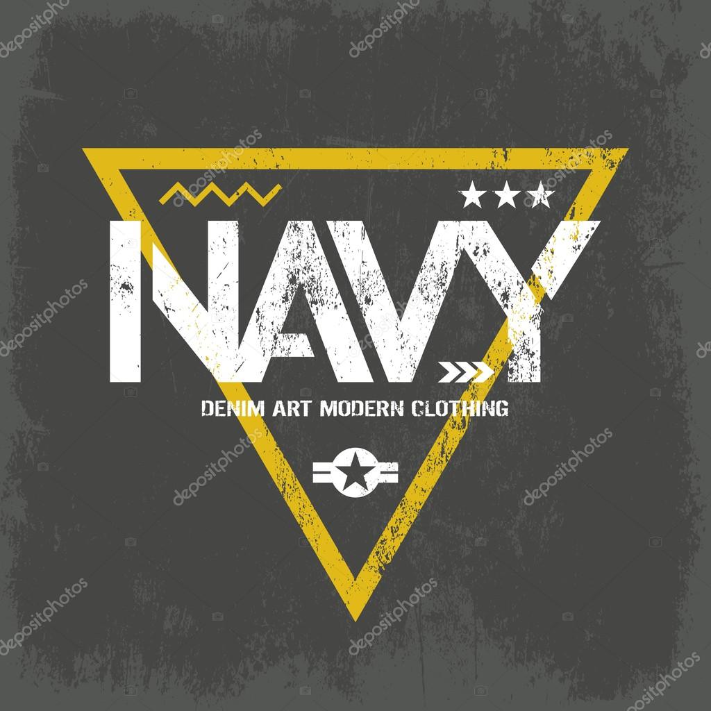 Modern american navy grunge effect tee print vector design isolated on dark background. Premium quality superior military shabby logo concept. Threadbare warlike label for khaki t-shirt.
