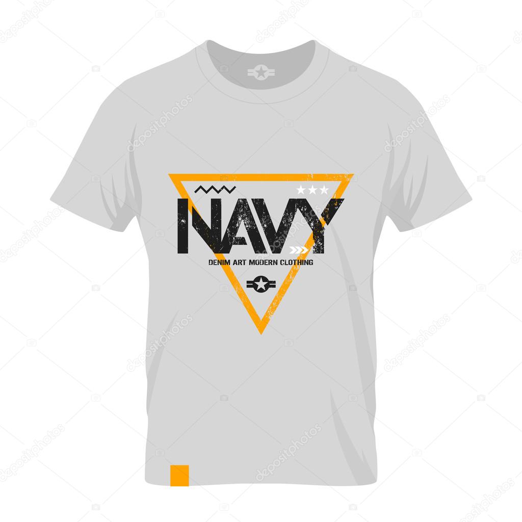 Modern american navy grunge effect tee print vector design illustration. Premium quality superior military shabby logo concept. Threadbare warlike label light t-shirt mock up.