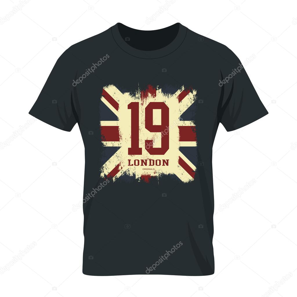 Vintage United Kingdom of Great Britain and Northern Ireland flag tee print vector design. Grunge Union Jack illustration.Premium quality number London t-shirt wear emblem and logo concept mock up.