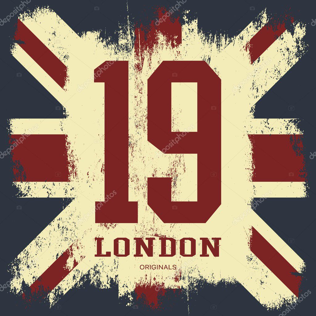 Vintage United Kingdom of Great Britain and Northern Ireland flag tee print vector design. Grunge Union Jack illustration.Premium quality number London t-shirt wear emblem and logo concept.