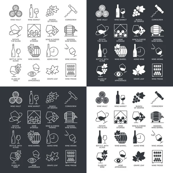 Thin line wine icons set isolated on dark and white — Stock Vector