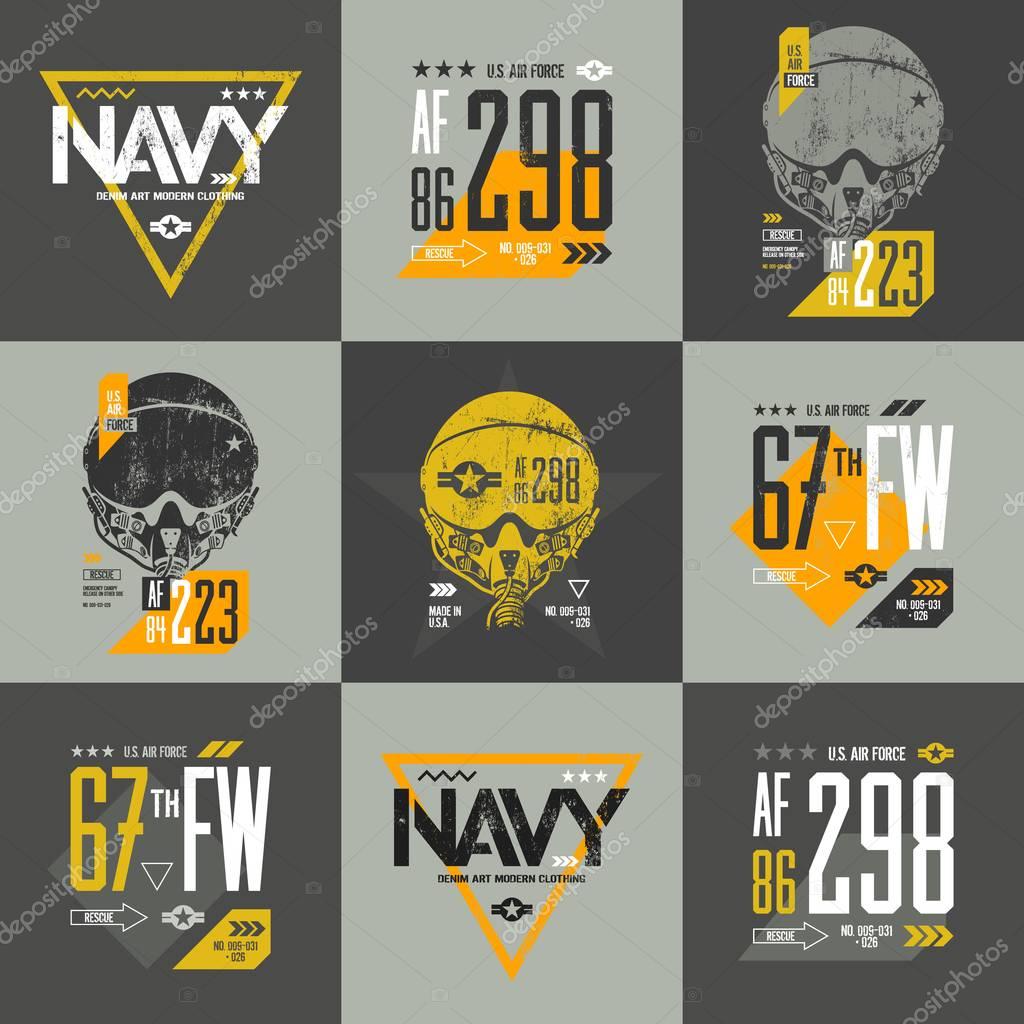 American air force grunge effect number t-shirt design vector set. Threadbare aviation pilot helmet tee print emblem.Shabby aircraft illustration and military number t-shirt logo concept.
