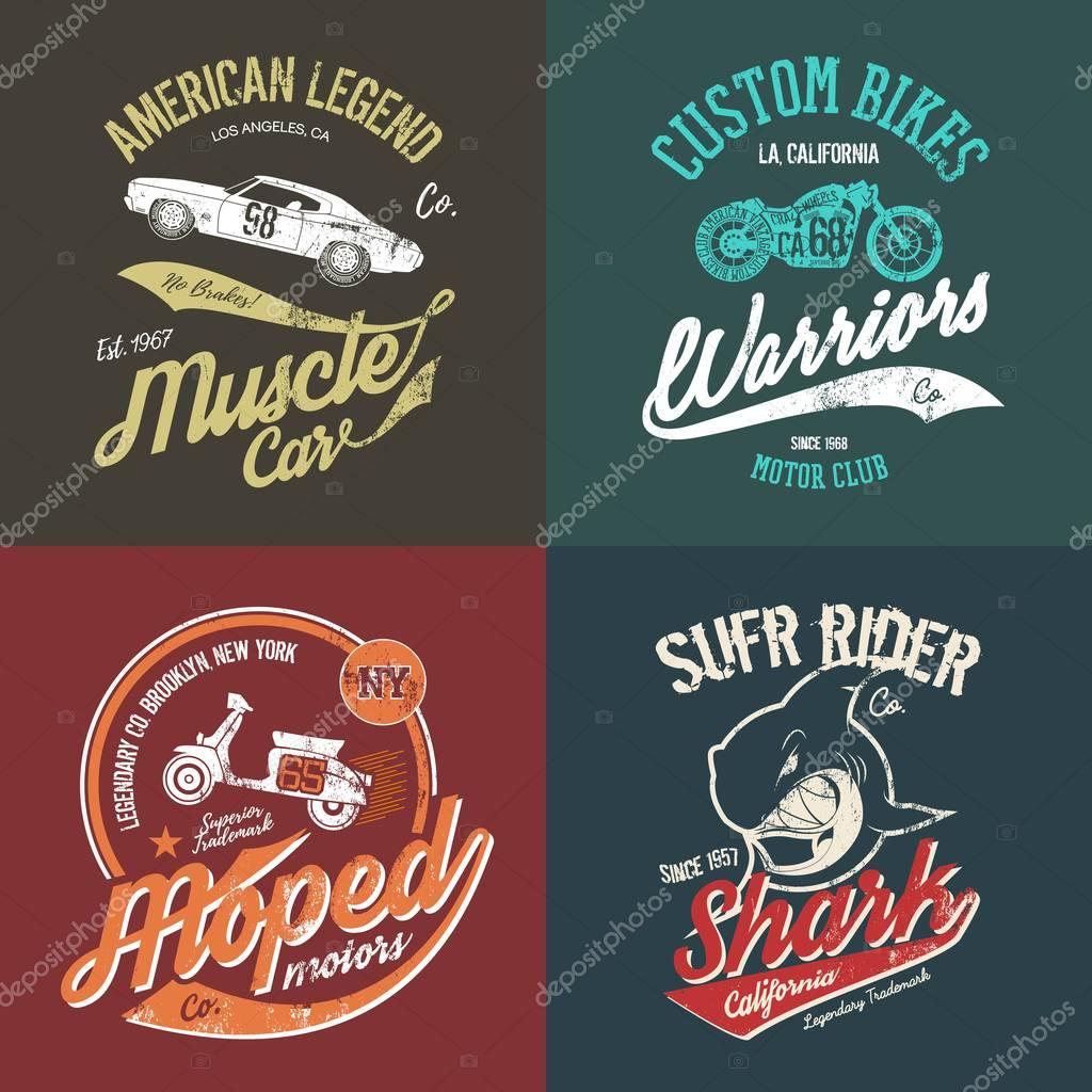 Vintage American muscle car and custom motorcycle motor club grunge t-shirt tee print vector artwork illustration set. Retro wild shark t-shirt logo concept. NY Brooklyn moped handmade t-shirt emblem.