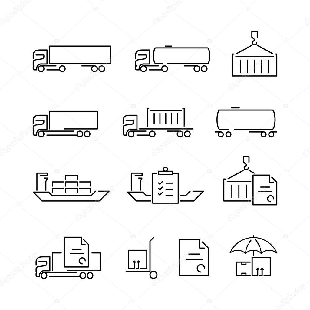 Thin line logistics logo concept isolated on white background. Web infographics linear cargo icons set. Outline sign vector illustration. Stroke simple mono shipping icon infographic pictogram pack.