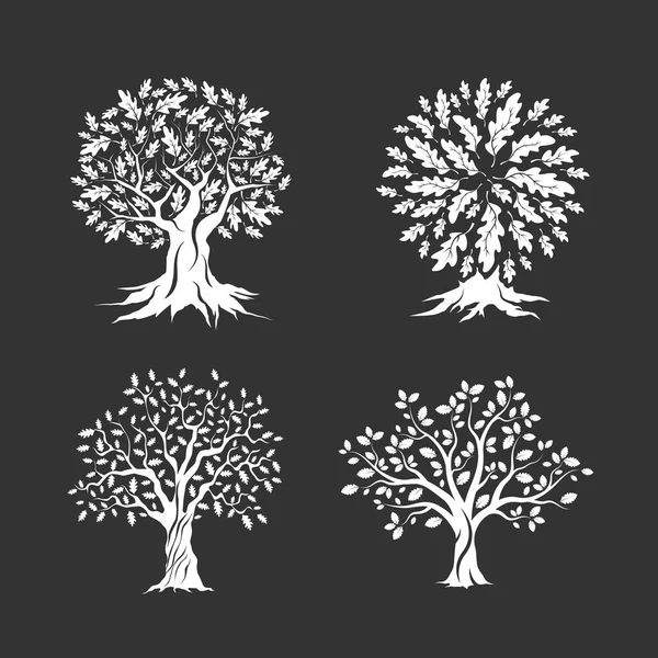 Beautiful oak trees silhouette set — Stock Vector