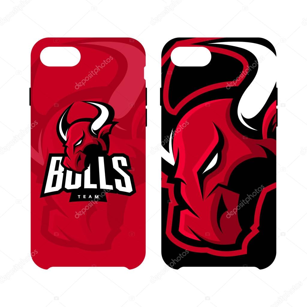 Red furious bull sport vector logo concept phone case isolated on white background. Web infographic professional team pictogram.Premium quality wild animal artwork illustration.