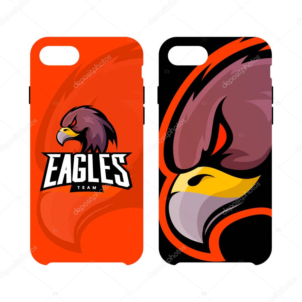 Furious eagle sport vector logo concept smart phone case isolated on white background. Web infographic professional team pictogram.Premium quality wild bird artwork cell phone cover illustration.