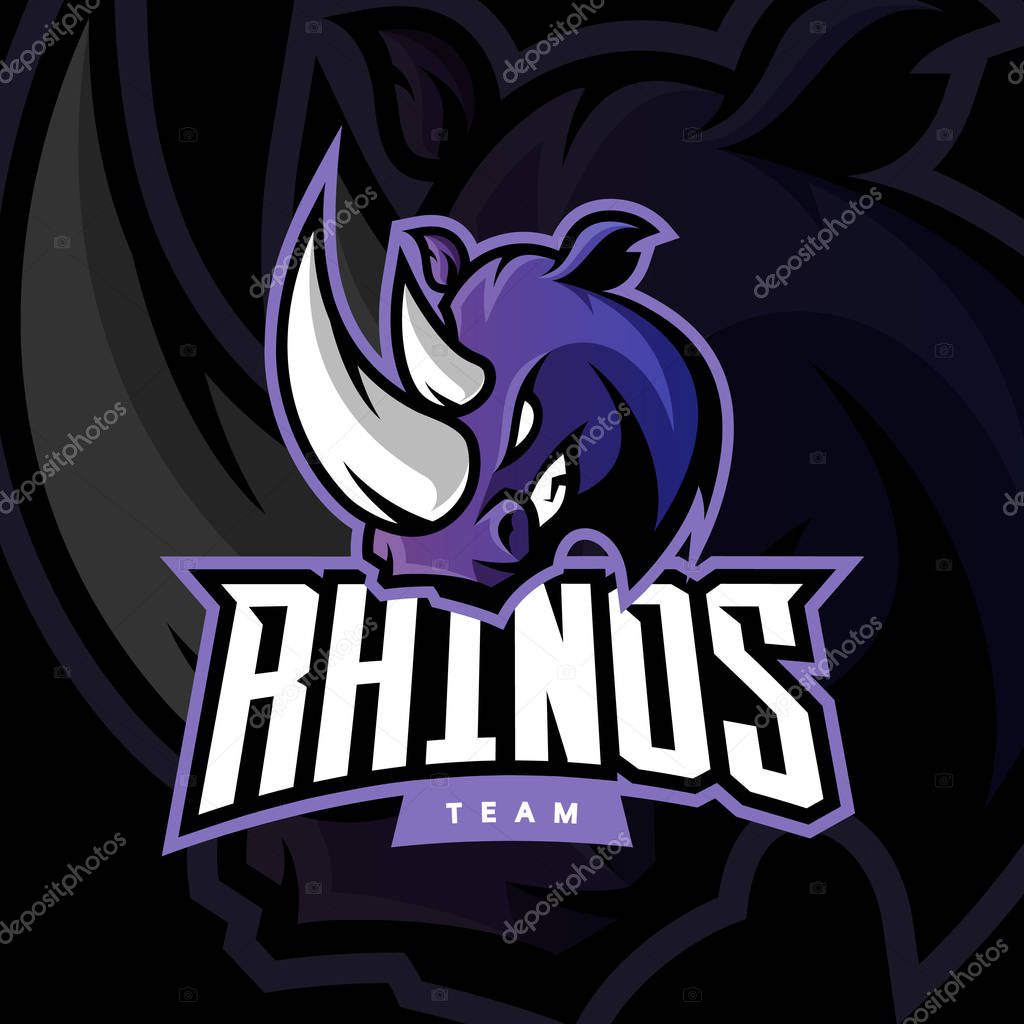 Furious rhino sport vector logo concept isolated on dark background. Web infographic professional team pictogram.Premium quality wild animal t-shirt tee print illustration.