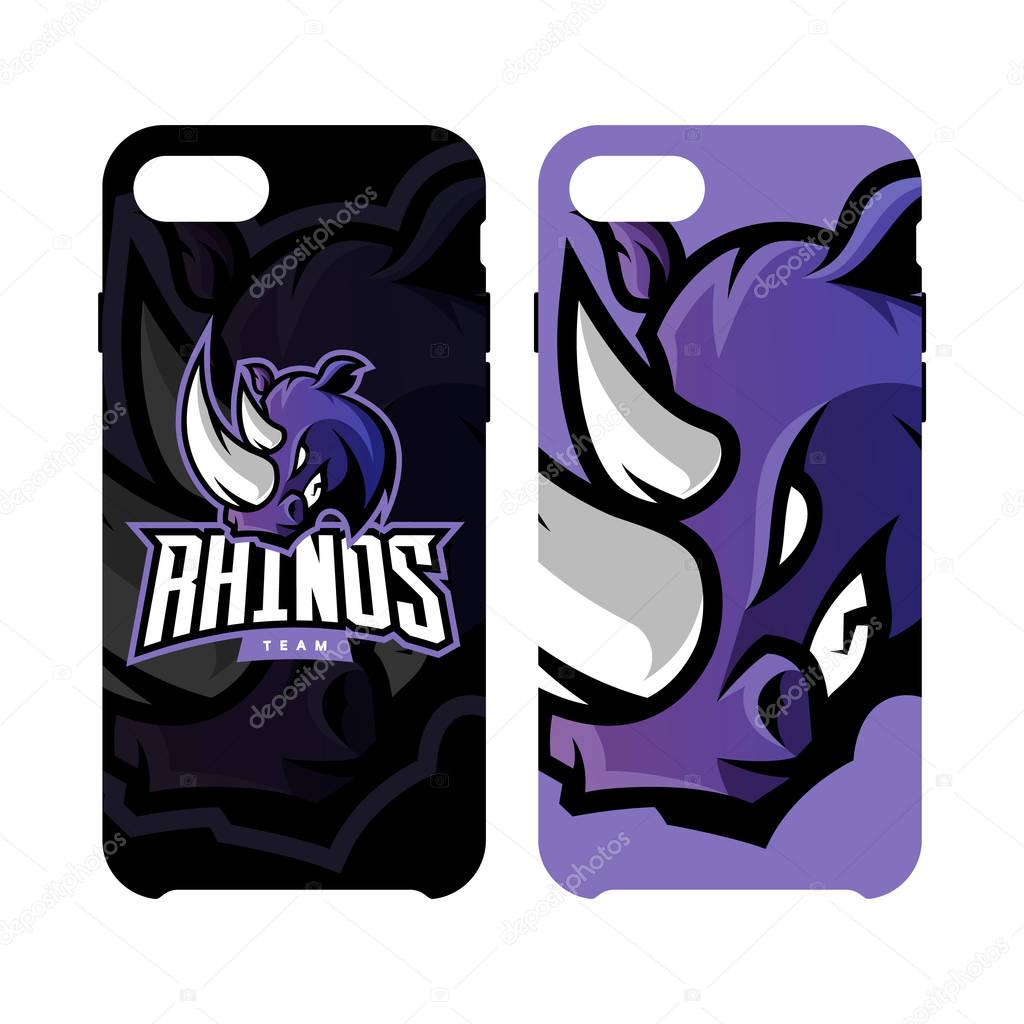 Furious rhino sport vector logo concept smart phone case isolated on white background. Web infographic professional team pictogram.Premium quality wild animal artwork cell phone cover illustration.