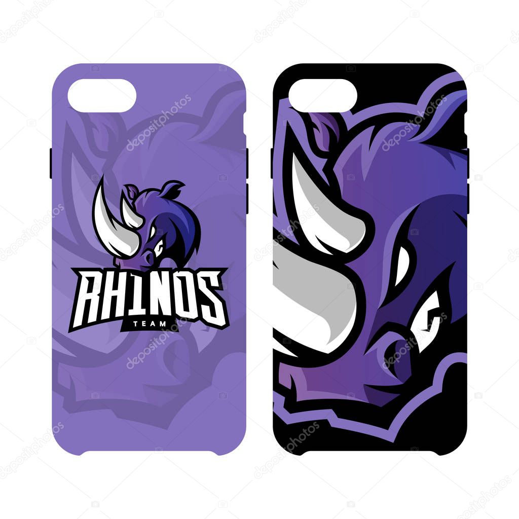 Furious rhino sport vector logo concept smart phone case isolated on white background. Web infographic professional team pictogram.Premium quality wild animal artwork cell phone cover illustration.