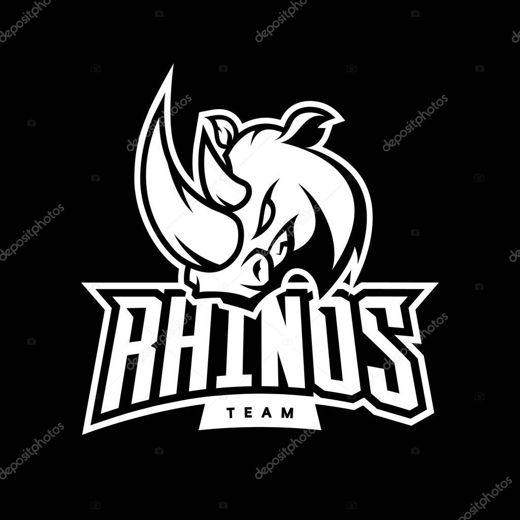 Furious rhino sport mono vector logo concept isolated on dark background. Web infographic professional team pictogram.Premium quality wild animal t-shirt tee print illustration.