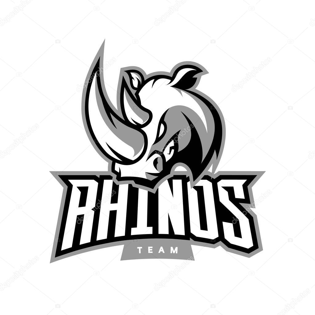 Furious rhino sport vector logo concept isolated on white background. Web infographic professional team pictogram.Premium quality wild animal t-shirt tee print illustration.