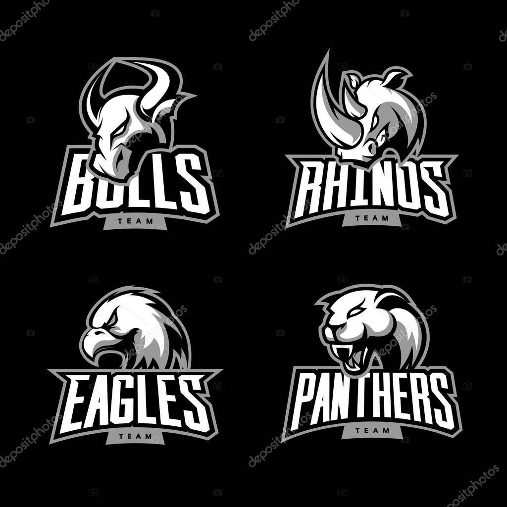 Furious rhino, bull, eagle and panther sport vector logo concept set isolated on dark background. Web infographic professional team pictogram. Premium quality wild animal and bird t-shirt tee print illustration.