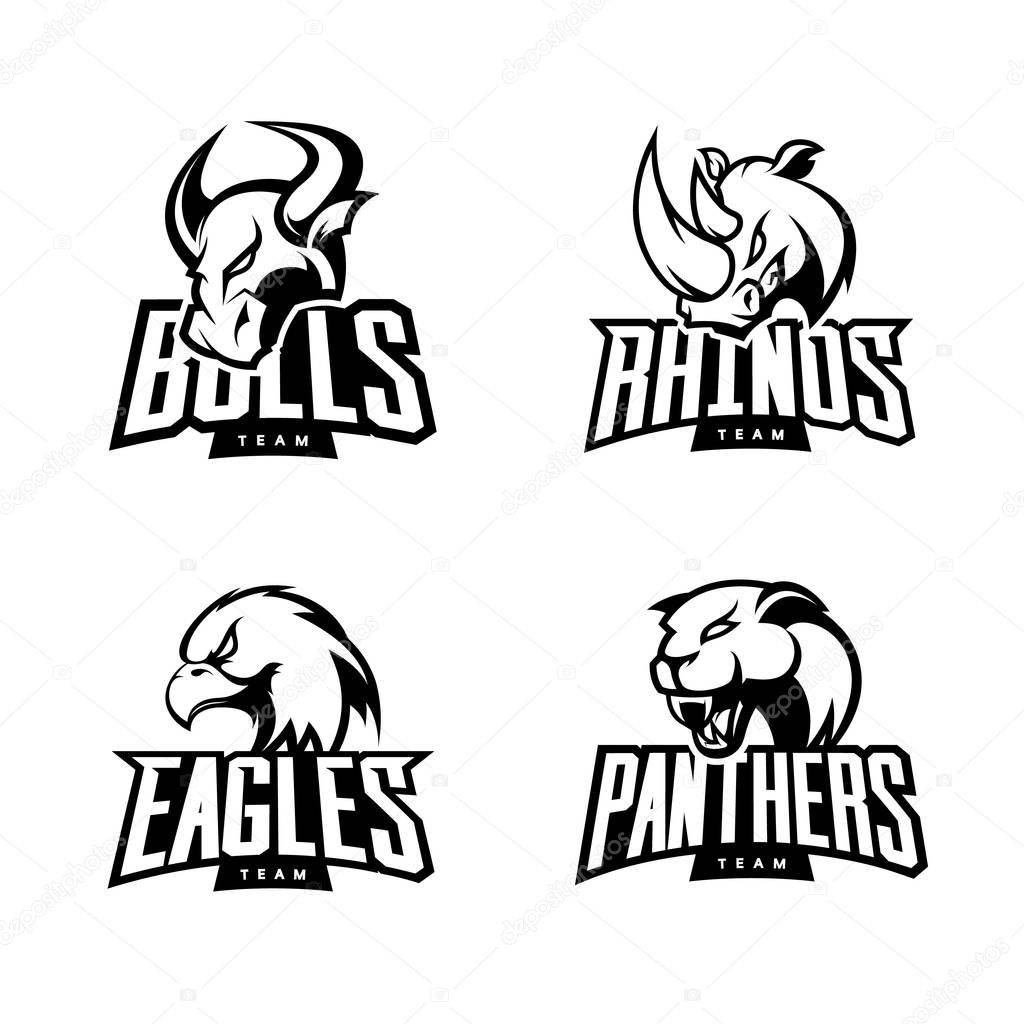 Furious rhino, bull, eagle and panther sport vector logo concept set isolated on dark background. Web infographic professional team pictogram. Premium quality wild animal and bird t-shirt tee print illustration.