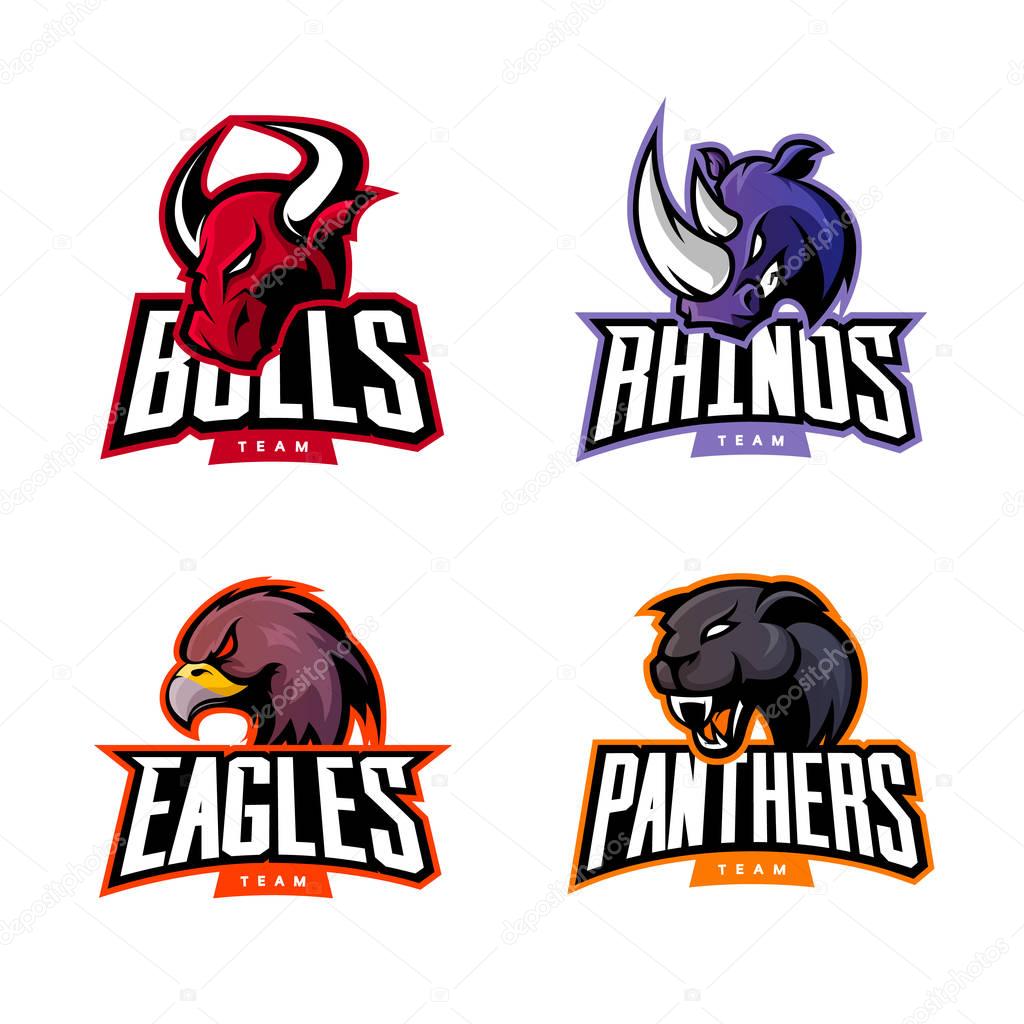 Furious rhino, bull, eagle and panther sport vector logo concept set isolated on dark background. Web infographic professional team pictogram. Premium quality wild animal and bird t-shirt tee print illustration.