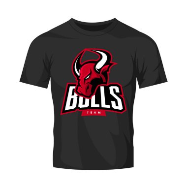 Siyah t-shirt mockup izole kırmızı öfkeli boğa spor vektör logo kavramı.