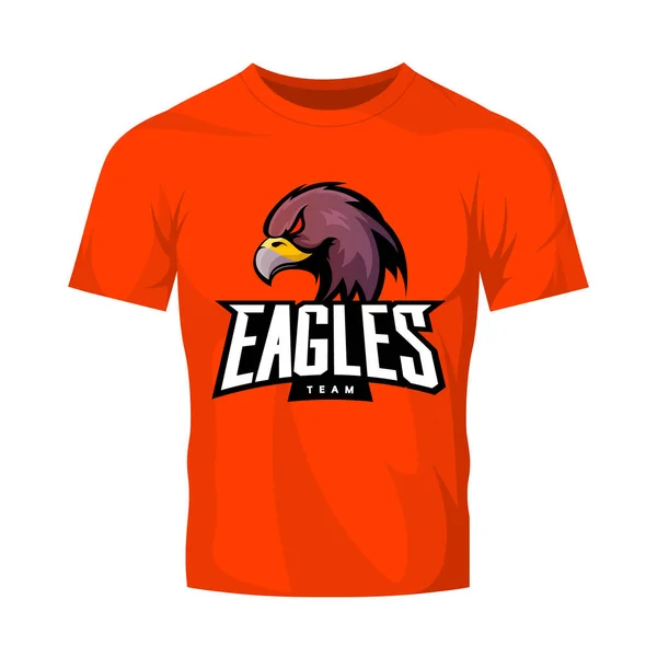 Furious eagle sport vector logo concept isolated on orange t-shirt mockup. — Stock Vector