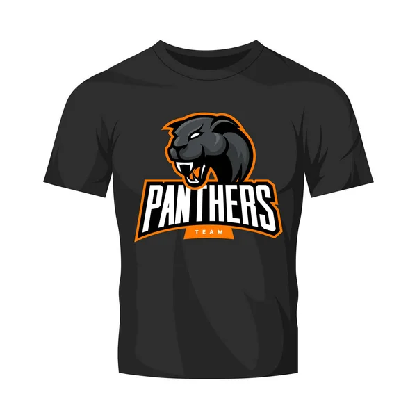Öfkeli panthers spor vektör logo kavramı üzerinde siyah t-shirt mockup izole — Stok Vektör