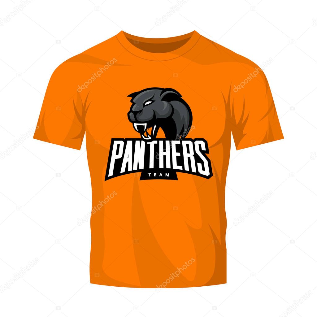 Furious panthers sport vector logo concept isolated on orange t-shirt mockup. Modern web infographic professional team pictogram.Premium quality wild animal t-shirt tee print illustration.