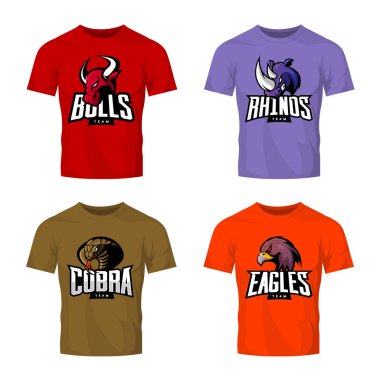 Öfkeli gergedanın, boğa, kartal ve yılan spor vektör logo kavramı ayarla üzerinde izole renkli tişört mockup. 
