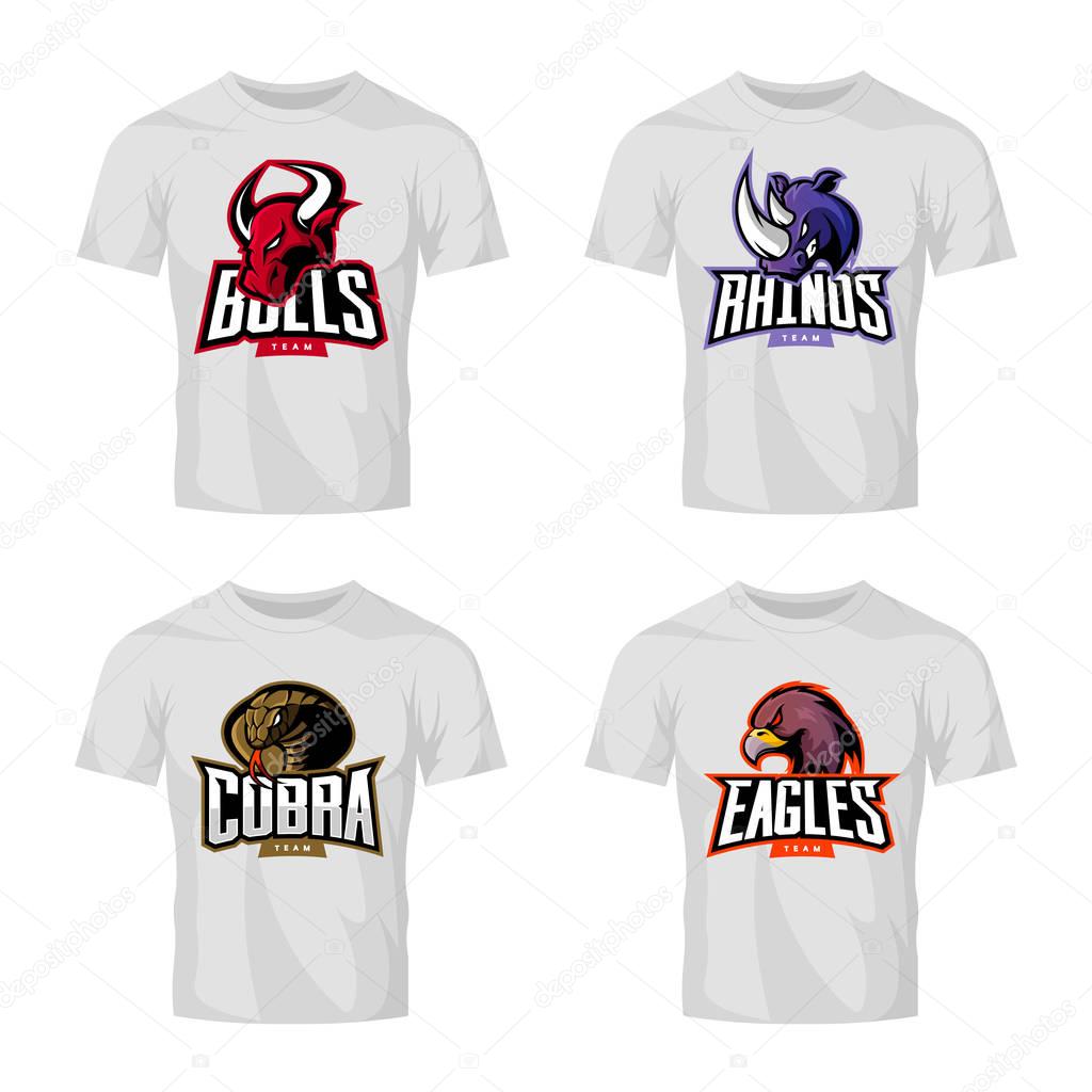 Furious rhino, bull, eagle and snake sport vector logo concept set isolated on white t-shirt mockup. 