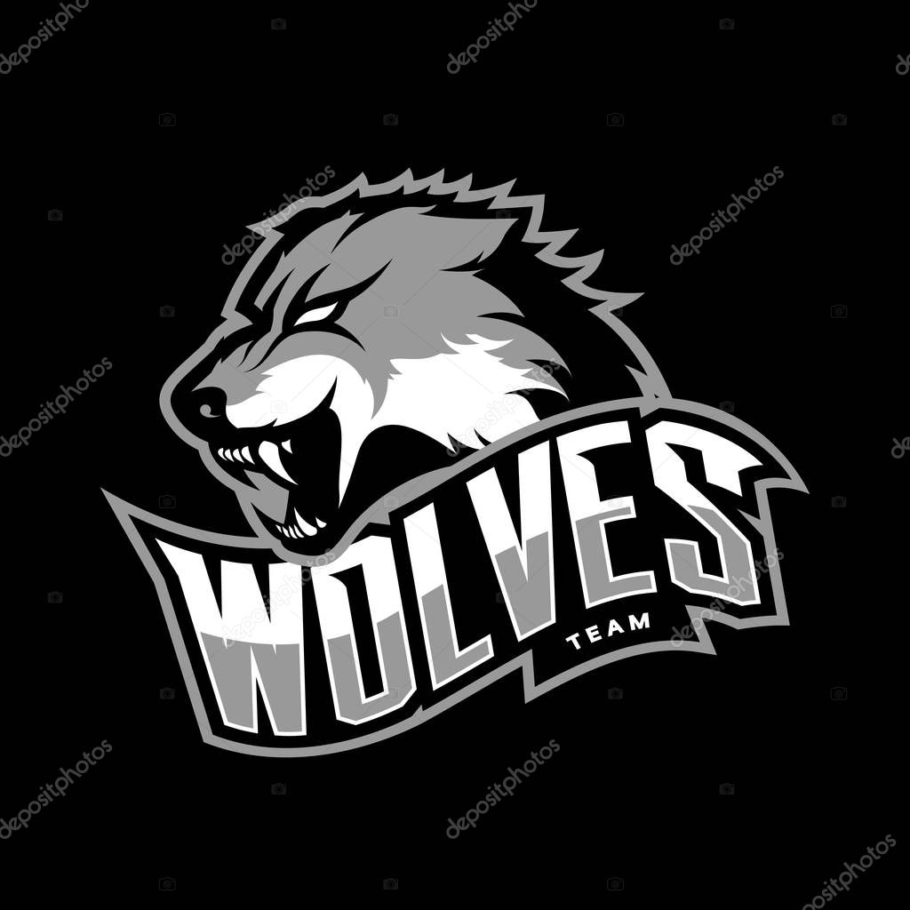 Furious wolf sport vector logo concept isolated on dark background. Web infographic predator team pictogram.Premium quality wild animal t-shirt tee print illustration.