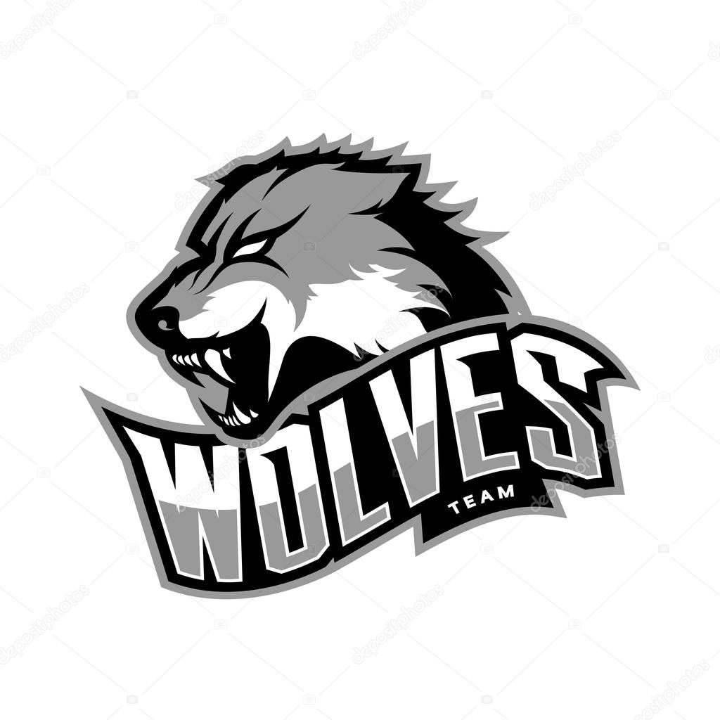Furious wolf sport vector logo concept isolated on white background. Web infographic predator team pictogram.Premium quality wild animal t-shirt tee print illustration.