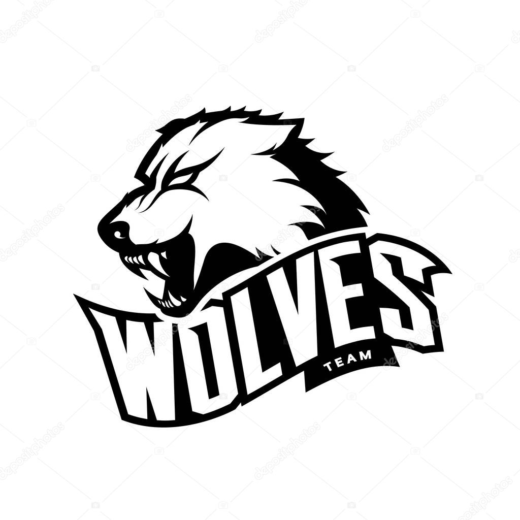 Furious wolf sport mono vector logo concept isolated on white background. Web infographic predator team pictogram.Premium quality wild animal t-shirt tee print illustration.