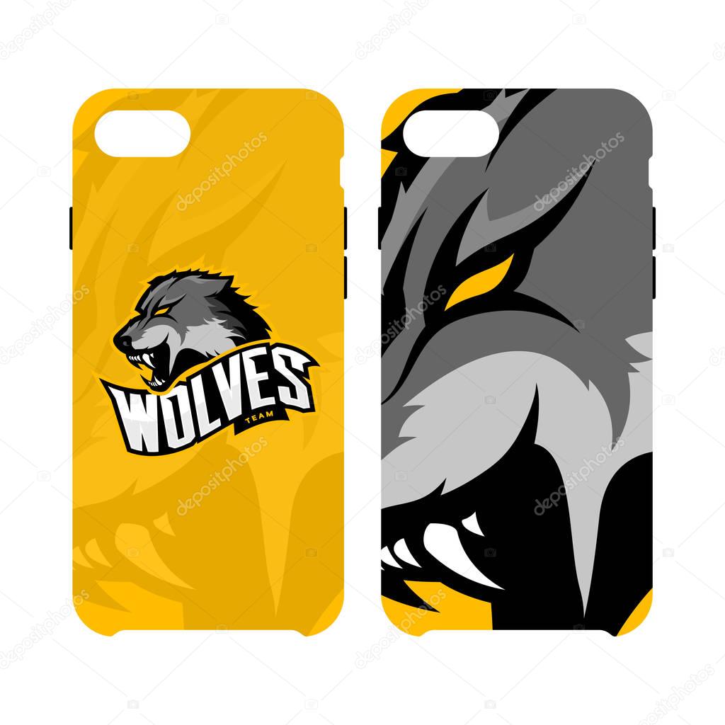 Furious wolf sport vector logo concept smart phone case isolated on white background. Web infographic predator team pictogram.Premium quality wild animal artwork cell phone cover illustration.