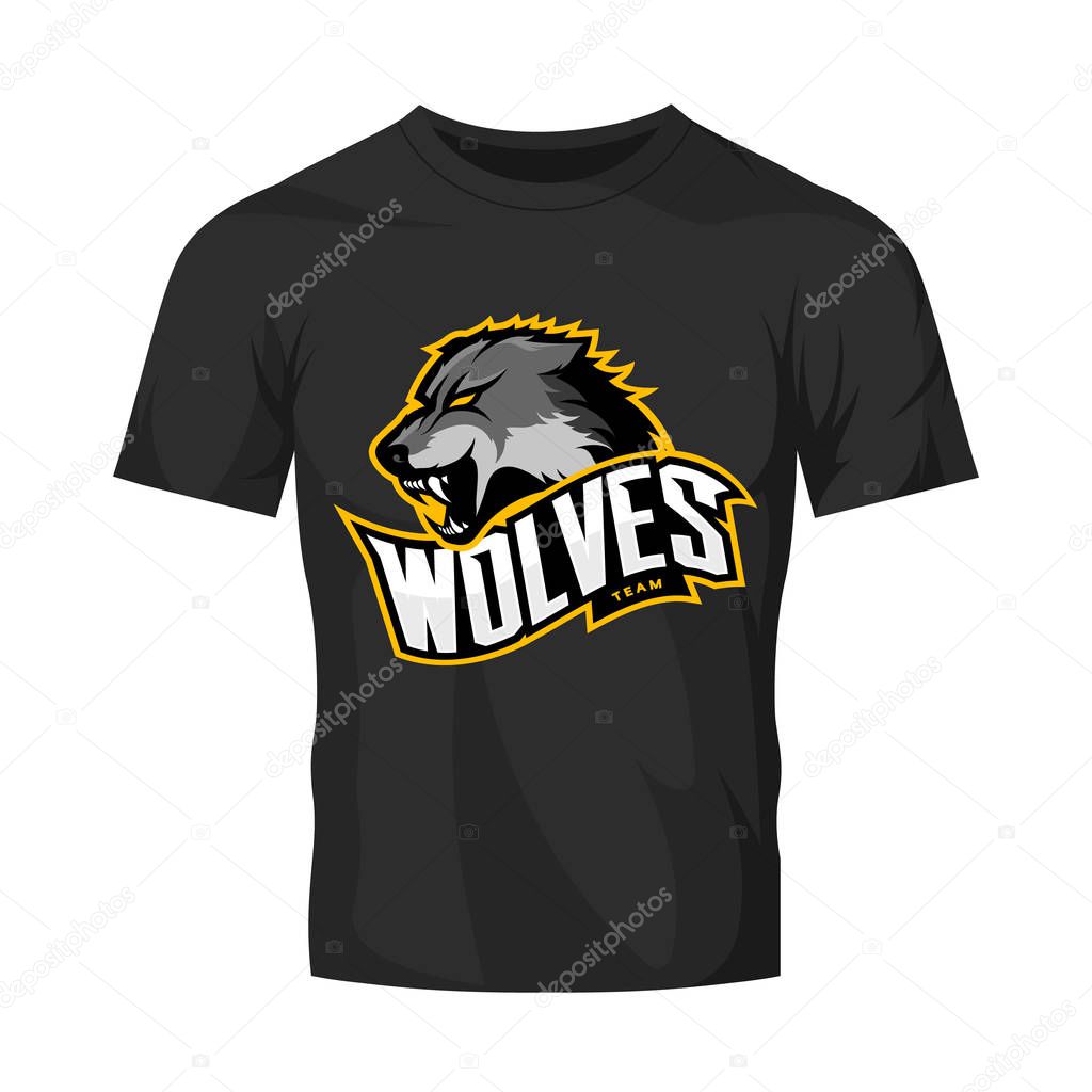 Furious wolf sport vector logo concept isolated on black t-shirt mockup