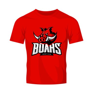 Öfkeli yaban domuzu Spor Kulübü vektör logo kavramı kırmızı t-shirt mockup izole.