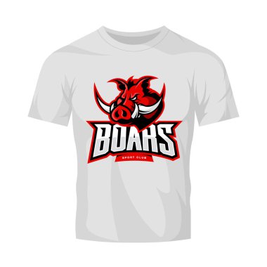 Öfkeli yaban domuzu Spor Kulübü vektör logo kavramı üzerinde beyaz t-shirt mockup izole.
