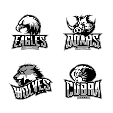 Beyaz arka plan üzerinde izole öfkeli Kobra, kurt, kartal ve yaban domuzu spor vektör logo kavramı set. 
