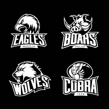 Koyu arka plan üzerinde izole öfkeli Kobra, kurt, kartal ve yaban domuzu spor vektör logo kavramı set