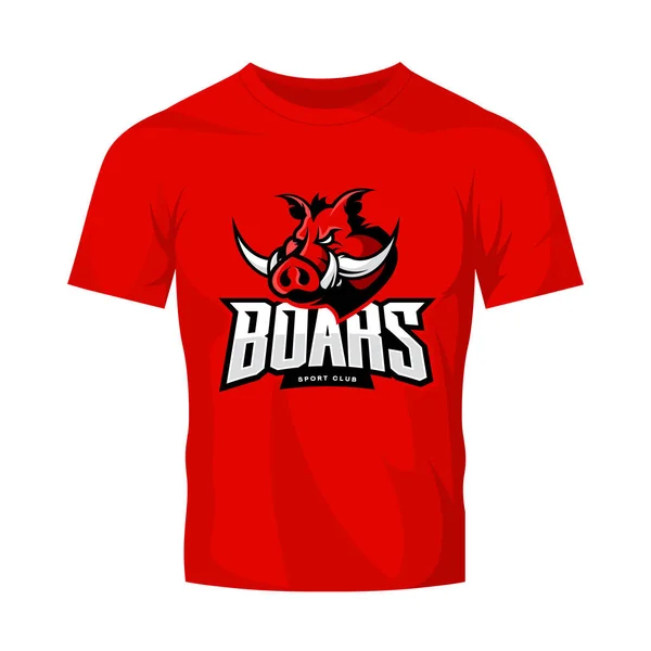 분노 멧돼지의 스포츠 클럽 벡터 로고의 개념 빨간 t-셔츠 이랑에 고립. — 스톡 벡터