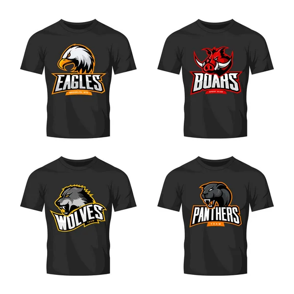 Pantera Furiosa, lobo, águia e javali conceito logotipo esporte conjunto isolado em preto t-shirt mockup . — Vetor de Stock
