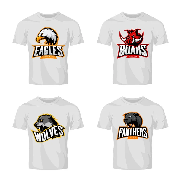 Furious panther, wolf, eagle and boar sport vector logo concept set isolated on white t-shirt mockup. — Stock Vector