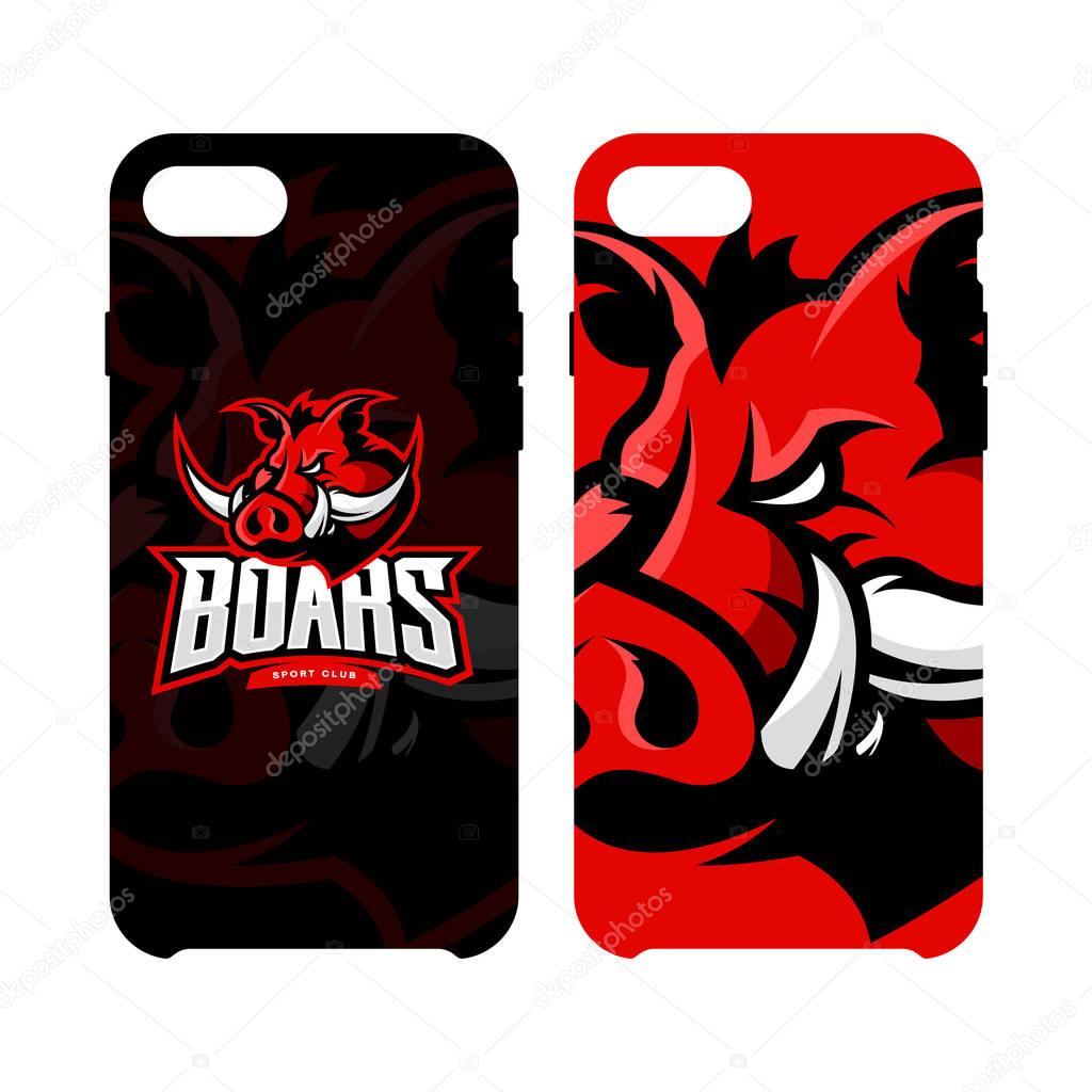 Furious boar sport club vector logo concept smart phone case isolated on white background. Web infographic team pictogram design.Premium quality wild animal artwork cell phone cover illustration.