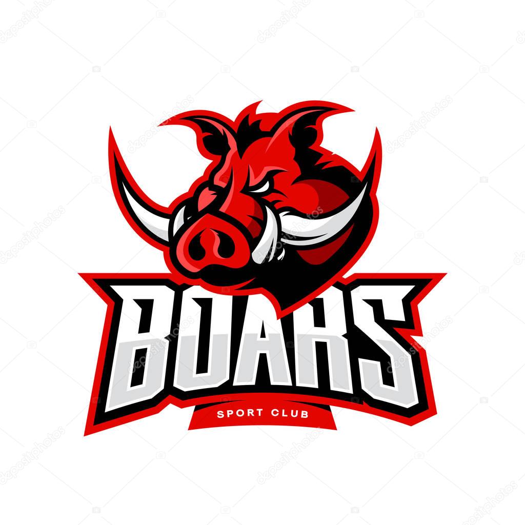 Furious boar sport club vector logo concept isolated on white background. Web infographic team pictogram design.Premium quality wild animal t-shirt tee print illustration.