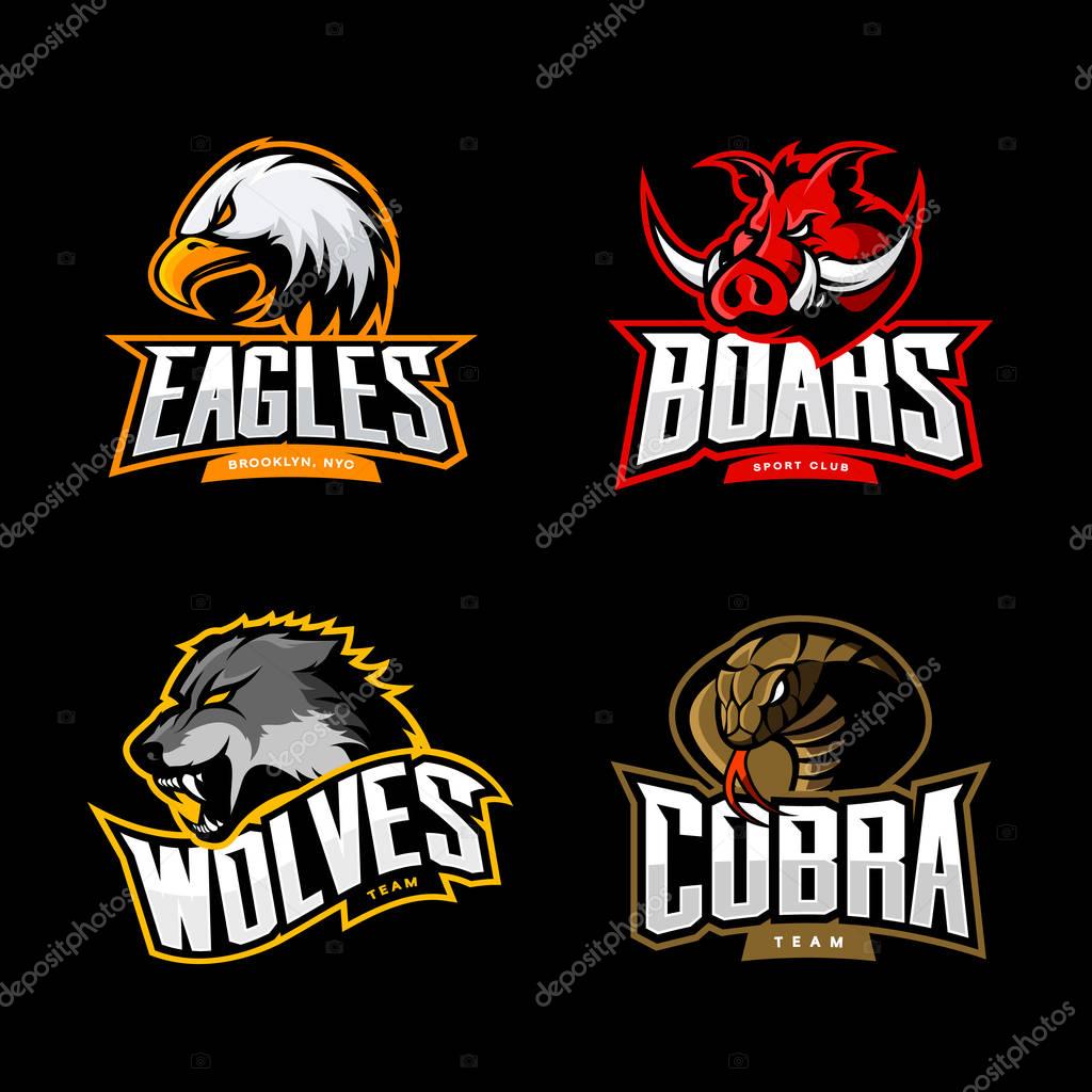 Furious cobra, wolf, eagle and boar sport vector logo concept set isolated on dark background. Professional team pictogram design. Premium quality wild animal, bird and snake t-shirt tee print illustration