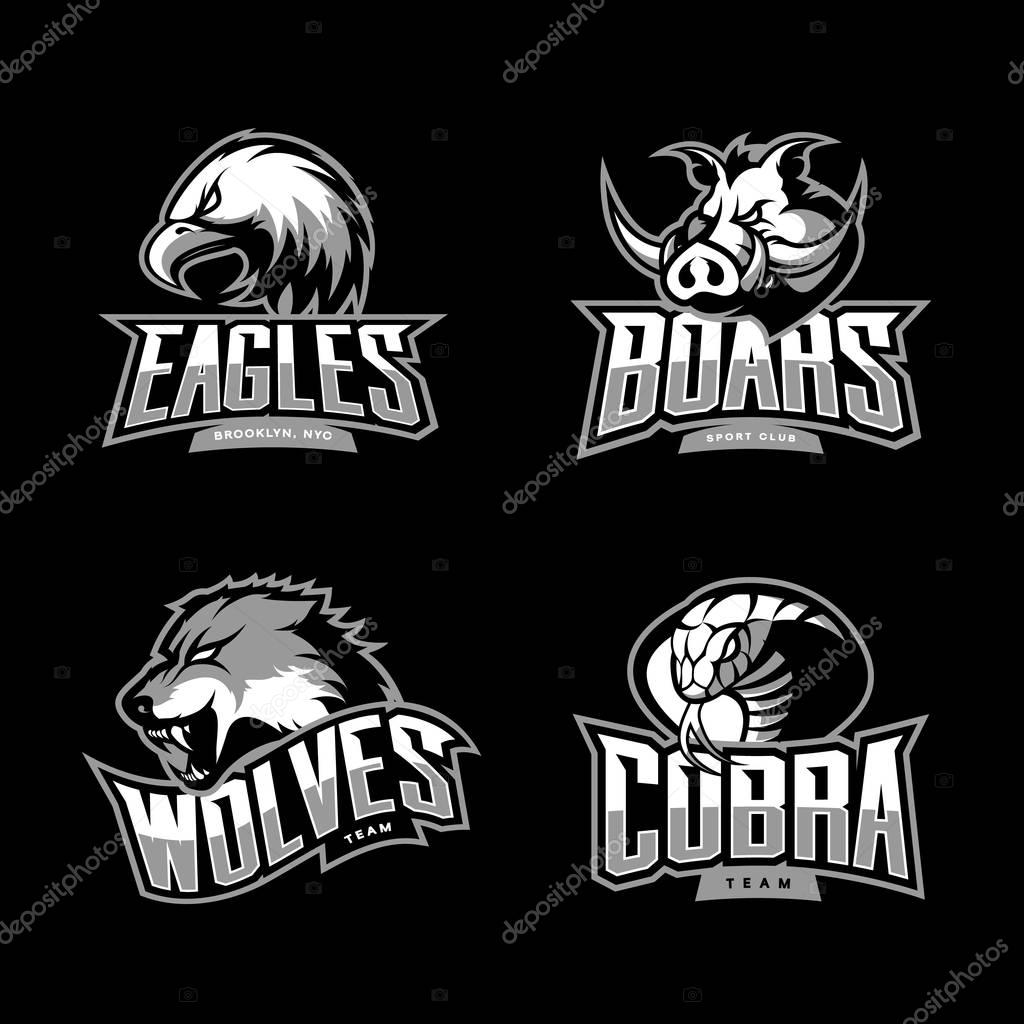 Furious cobra, wolf, eagle and boar sport vector logo concept set isolated on dark background. Professional team pictogram design. Premium quality wild animal, bird and snake t-shirt tee print illustration.