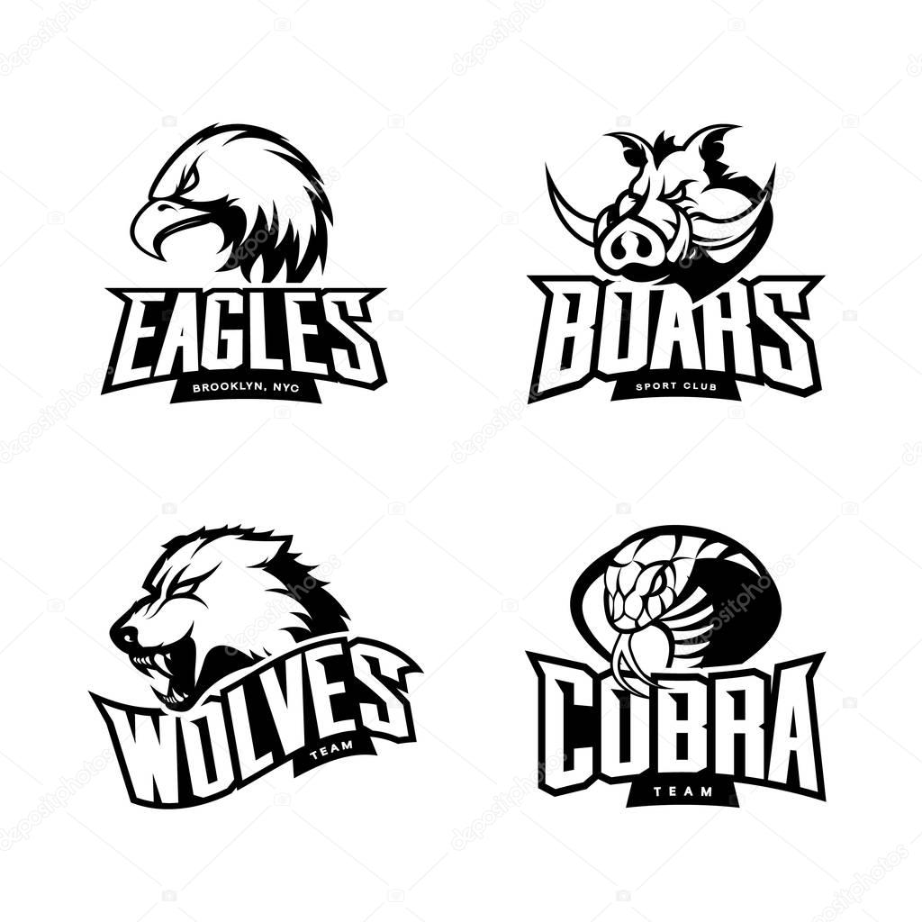 Furious cobra, wolf, eagle and boar sport vector logo concept set isolated on white background. Professional team pictogram design. Premium quality wild animal, bird and snake t-shirt tee print illustration